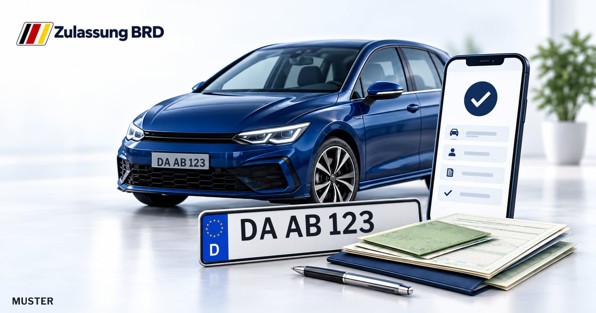 Online Fahrzeugzulassung in Groß-Zimmern: Musterkennzeichen DA AB 123, Auto und Fahrzeugpapiere und Smartphone. Illustration mit Logo von Zulassung BRD.